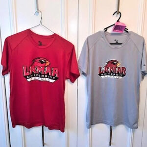 Set 2 Lamar University Cardinals shirts‎ & 1 cow bell